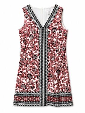 London Times Red Black White Scroll Print Shift Dress 12 V Neck Classic Preppy